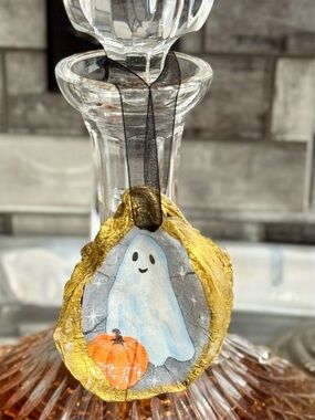 Hand Crafted Halloween Ghost Oyster Shell Ornament 3”